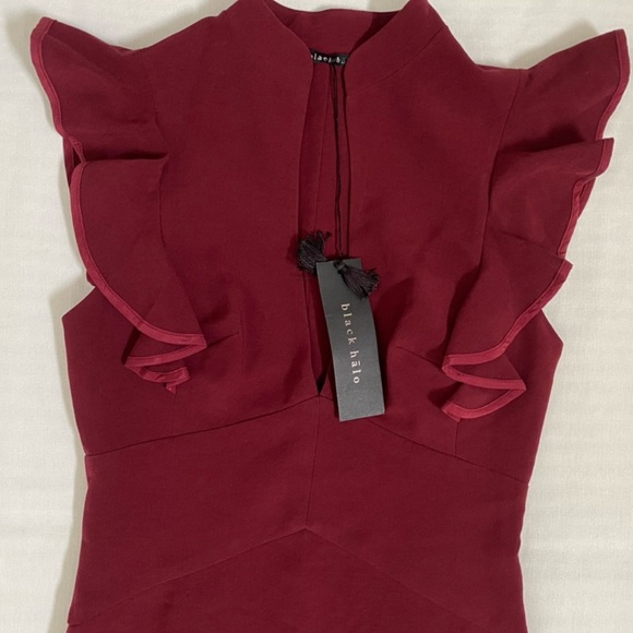 🎉HOST PICK✨Black Halo Wine Keyhole Slit Ruffle Sleeve Eva dress cocktail midi - Picture 4 of 11